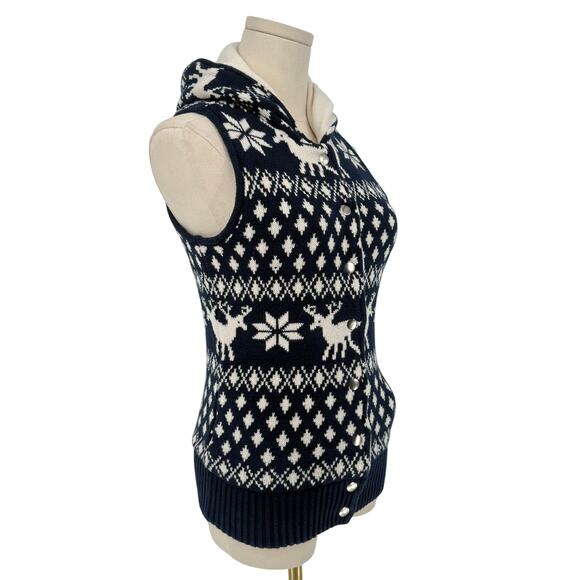 Vintage Y2K Forever 21 Hooded Sweater Vest Holiday Reindeer Knit Navy Blue Sz S - Picture 3 of 8